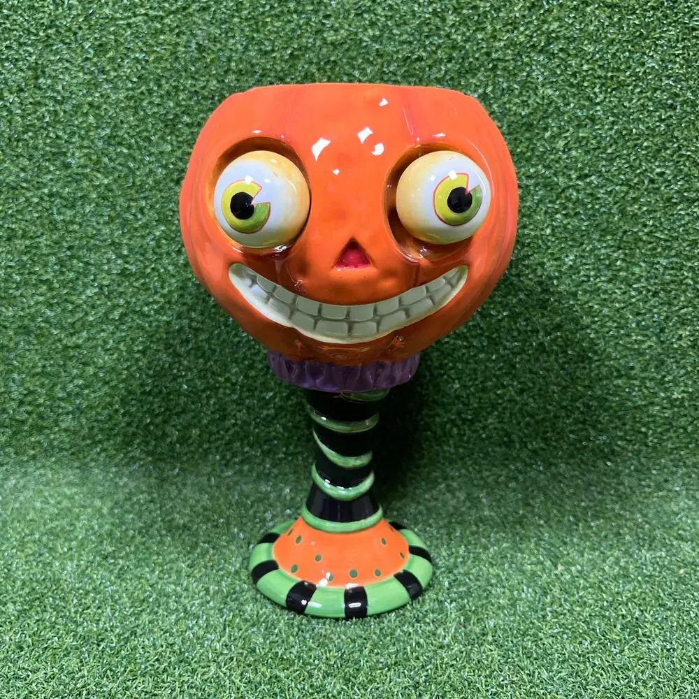 Funky Halloween Pumpkin Pedestal Candy Dish Spring Eyes Ceramic Jack O Lantern